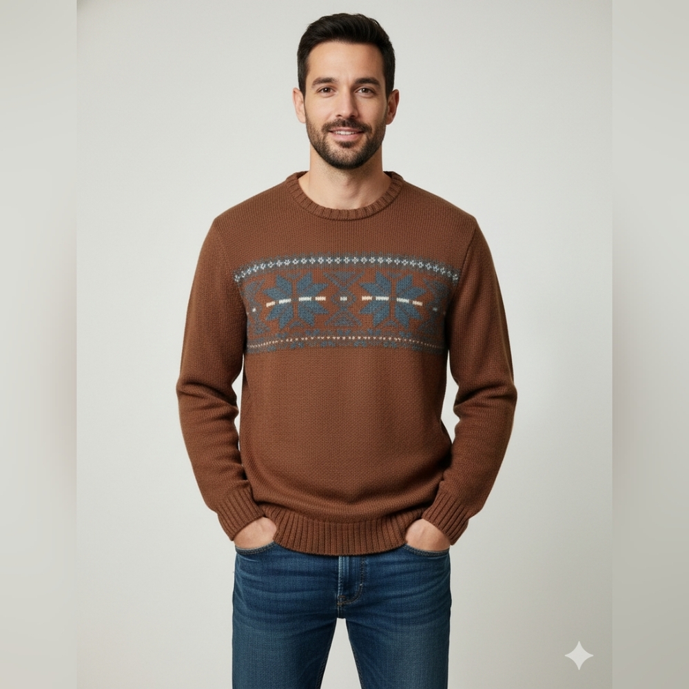 Eddie Bauer Men's Brown Grey Fair Isle Nordic Knit Wool Blend Sweater Large